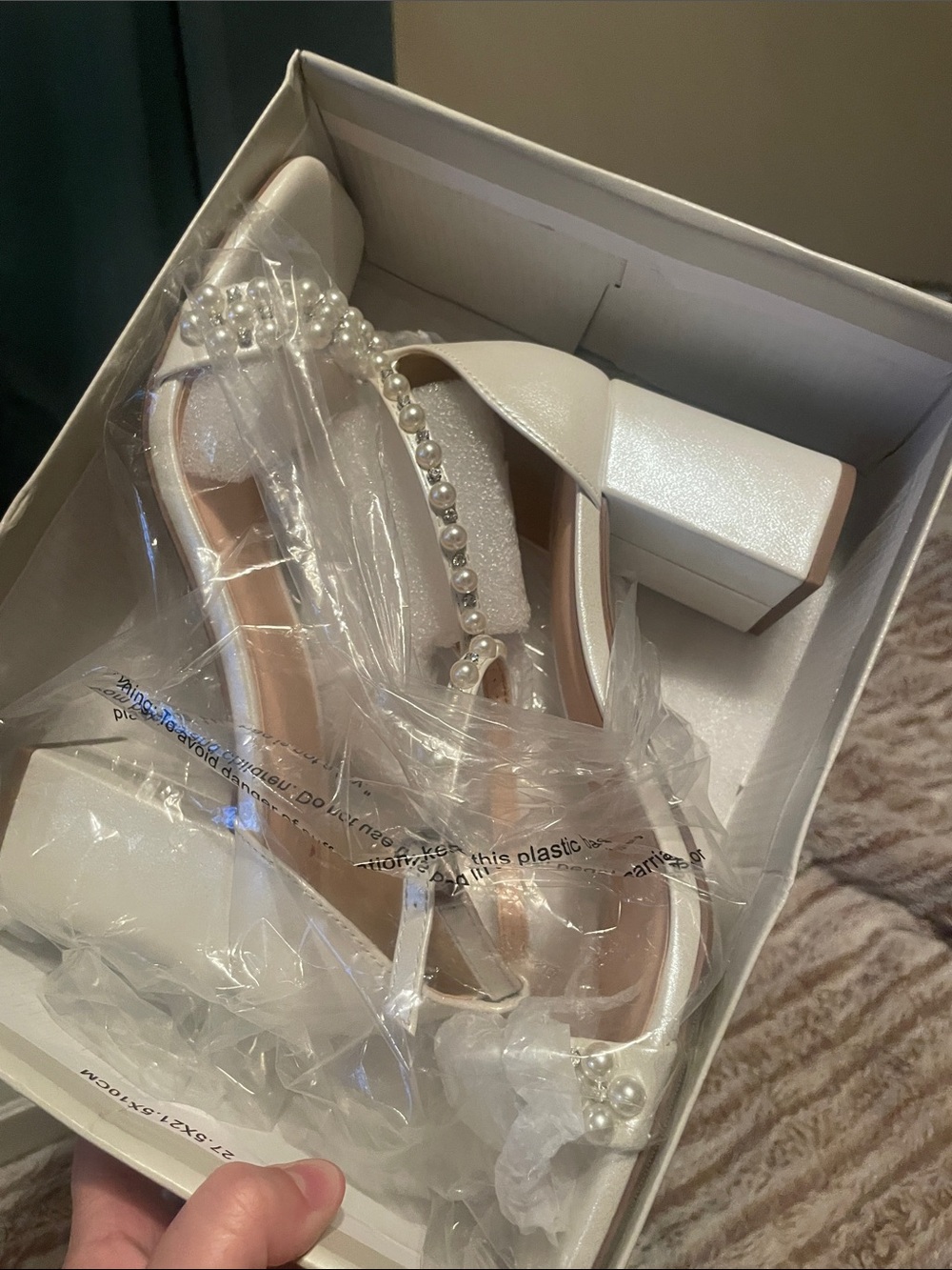 Pearl-Strap White Block Heel Sandals